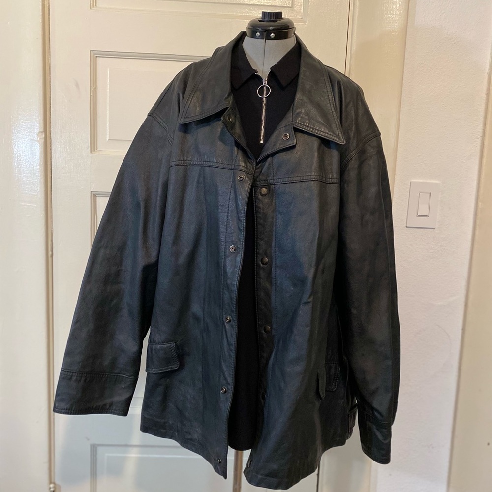 Genuine Black Leather Vintage Unisex Trench Coat with Satin Lining
